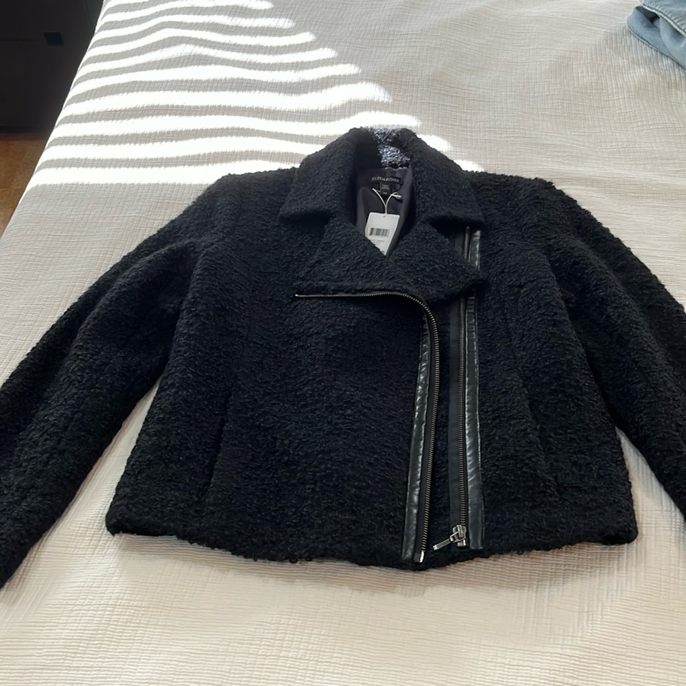 Eileen Fisher Black Curly Alpaca Moto Jacket Small